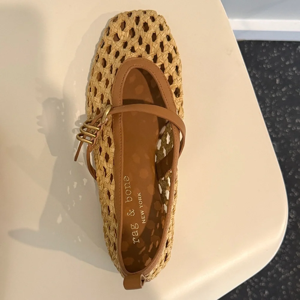 rag & bone Woven Raffia Flats with Tan Leather Trim - Picture 2 of 4